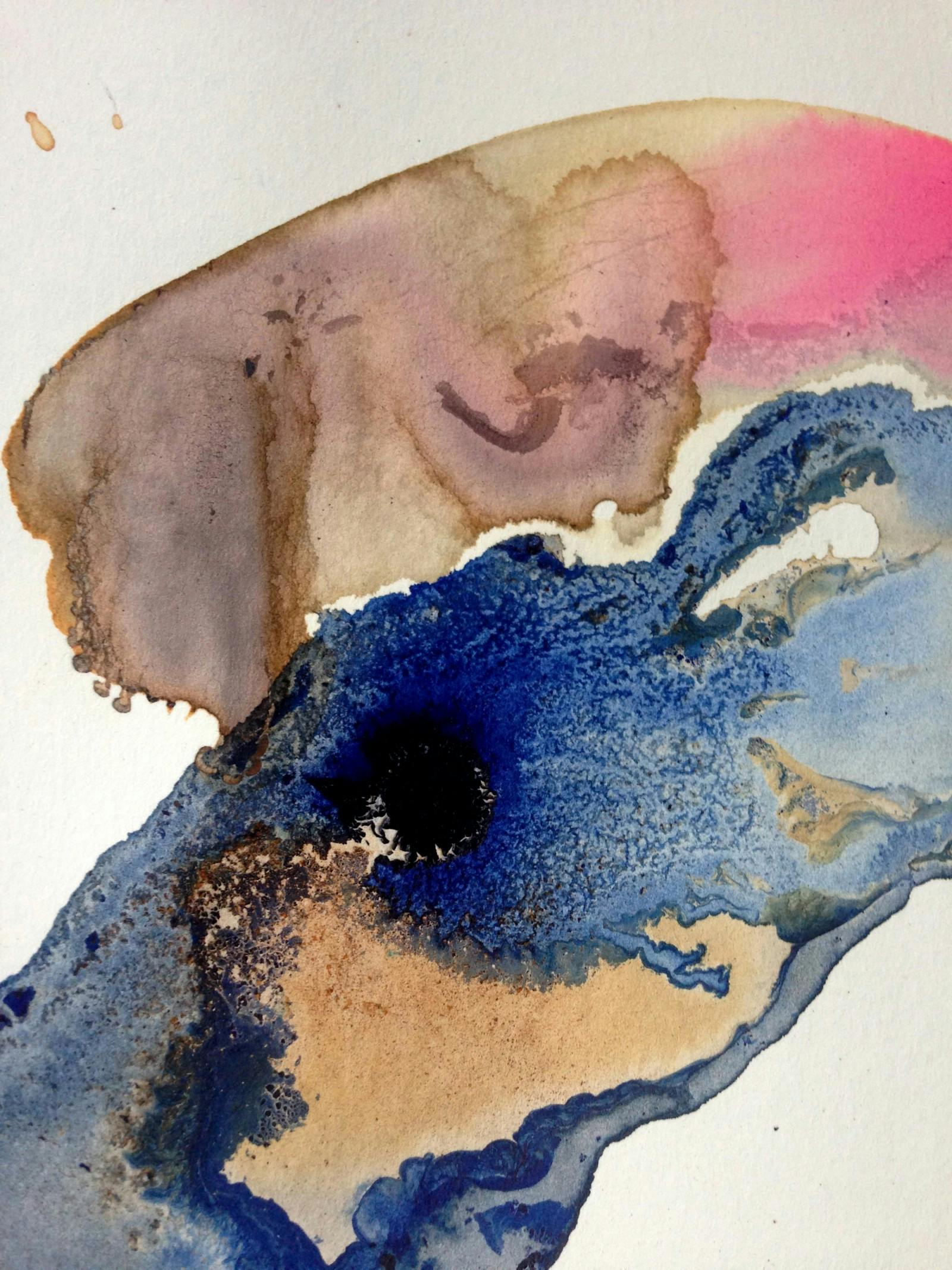 An abstract painting with spilt-ink-like colors. Blue, brown, and pink.